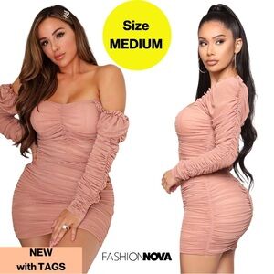 NEW w TAGS 🏷️ FASHION NOVA ☺️ Blush Ruched Mini, Sheer Sleeves (Size Medium)